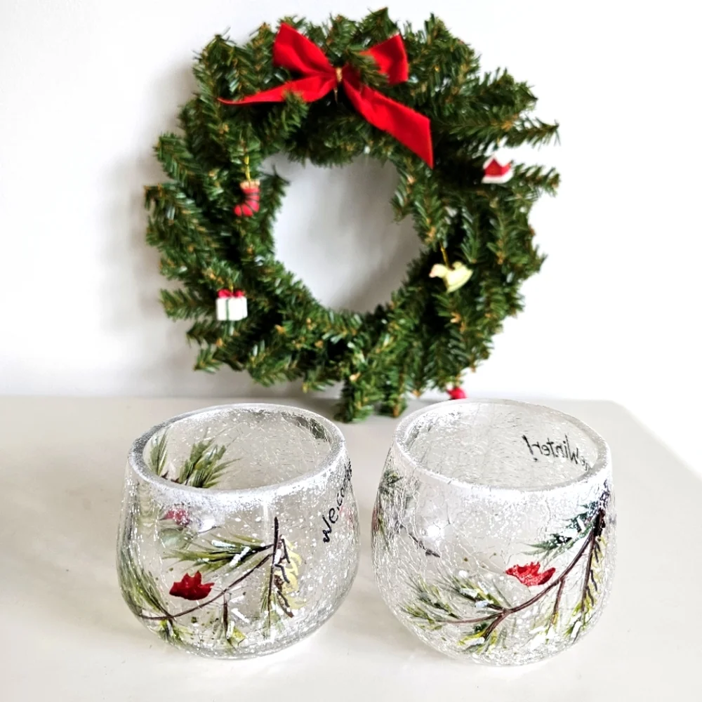 Vintage Yankee Welcome Winter Crackle Frosted Glass Votive Pine Candle Holders